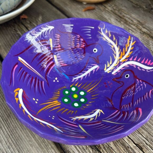 Talavera Mexican Pottery Salsa Bowl Footed Hand Painted Trinket Red Purple Birds - Picture 12 of 16